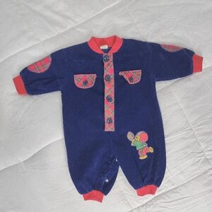 Vintage Corduroy Baby Romper 3-6 Months Football Bear Plaid Trim Outfit